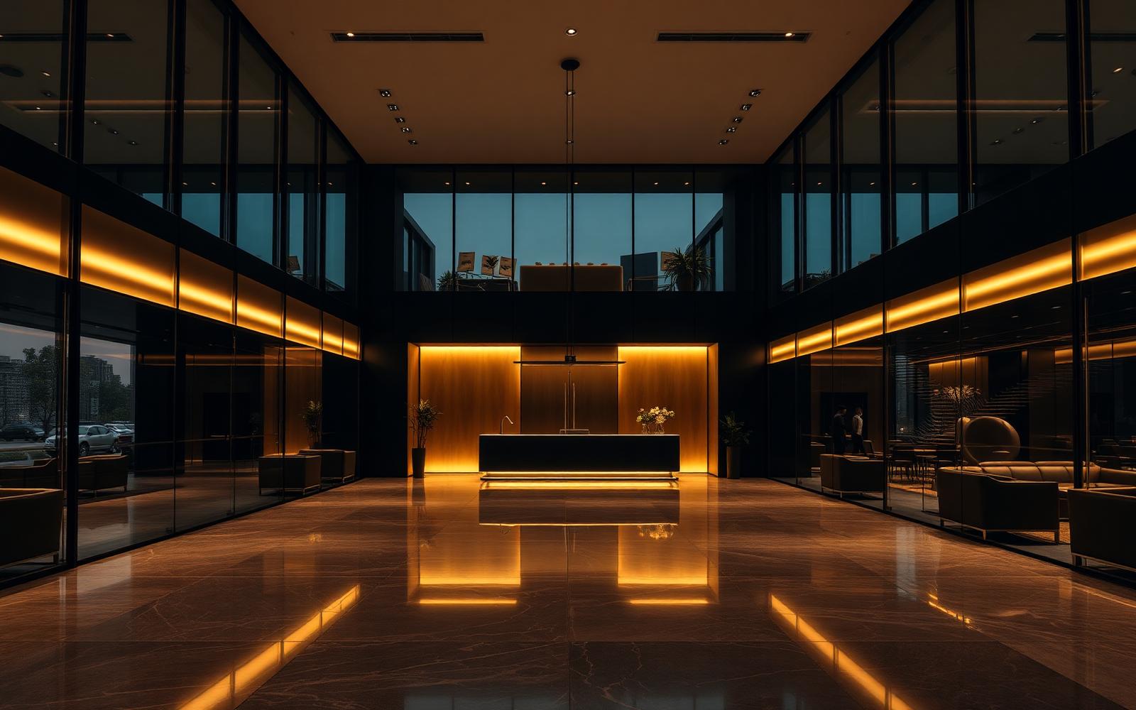 Modern corporate reception interior in matte black and champagne gold, representing One Love Global Limited.