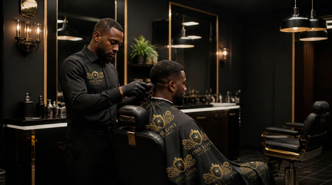 Professional barber giving a precision haircut to a client in a luxury matte black and champagne gold barbershop.