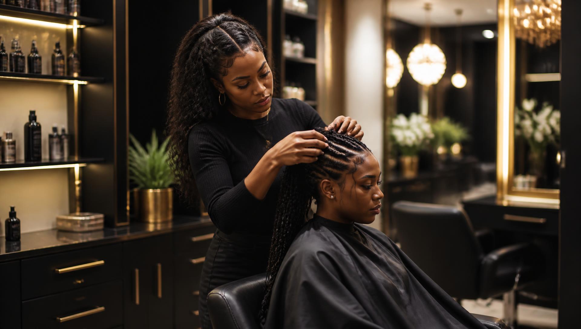 Beauty stylist braiding a client's hair in an elegant premium unisex salon with champagne gold detailing.