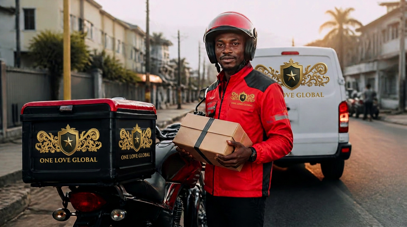 One Love Global delivery rider in branded red and black uniform holding a parcel beside a delivery motorcycle and van on a Lagos street.