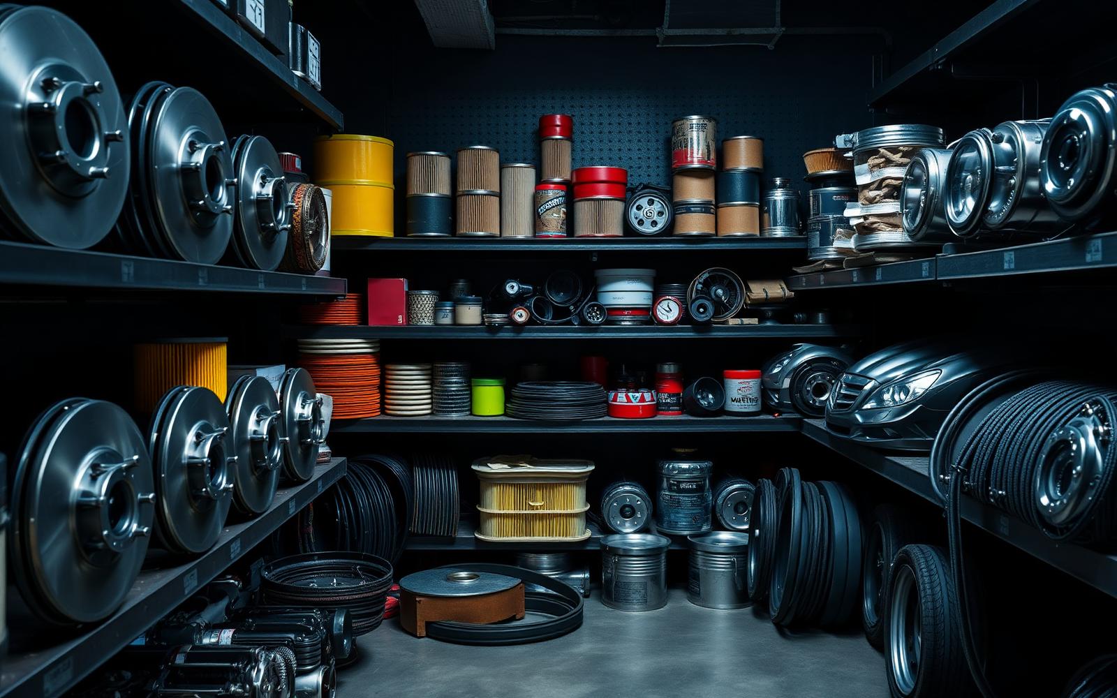 Neatly organised automotive spare parts including brake discs, filters and belts on dark workshop shelving.