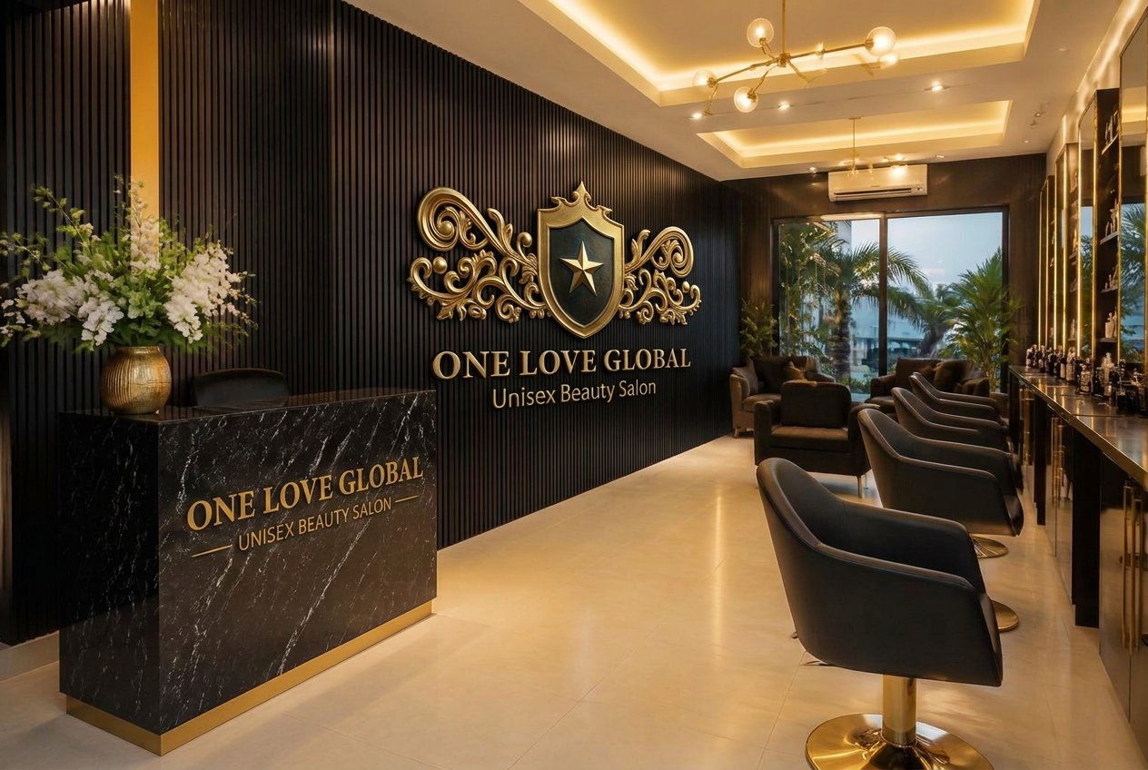 Interior of the One Love Unisex Salon & Beauty shop in Ikeja, Lagos, with styling chairs, mirrors and shelves of professional hair and skin products.